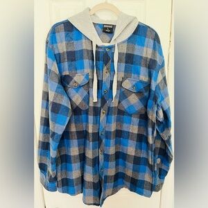 Blue and Gray Plaid Hoodie Button Up Shirt